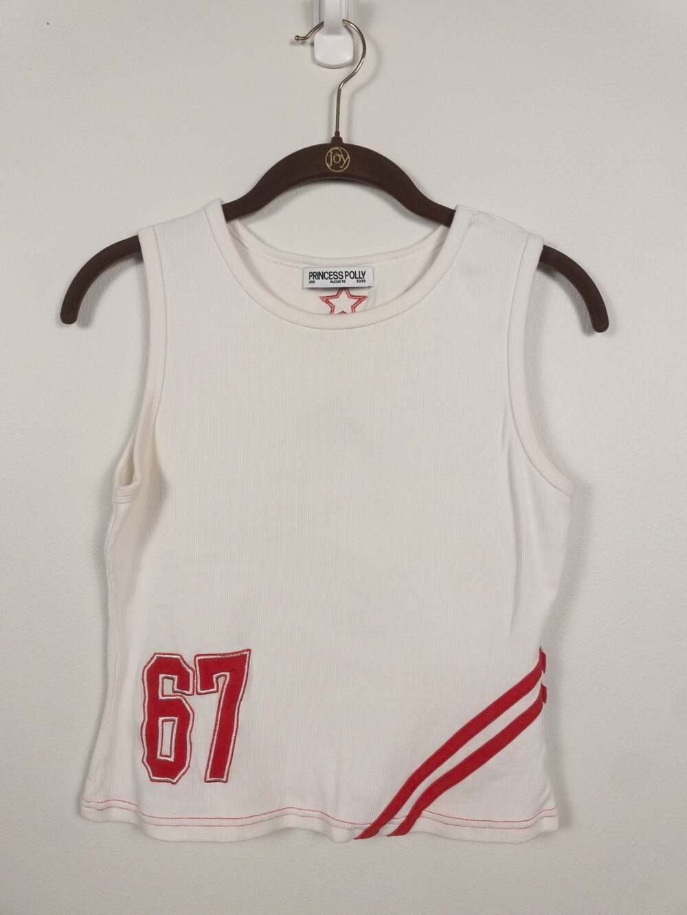 Princess Polly White Sleeveless Varsity Graphic Tank Top Number 67 Size US 6